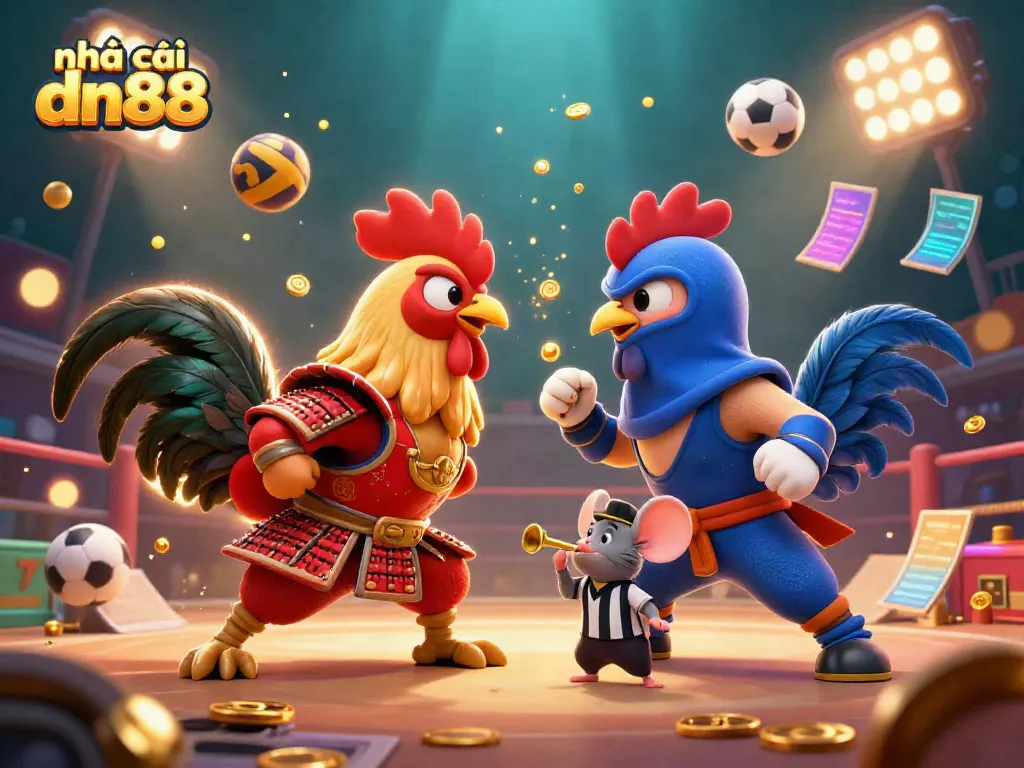 Engage in thrilling cockfighting action with the vivid illustration featuring nhà cái dn88's dynamic characters and gameplay elements.