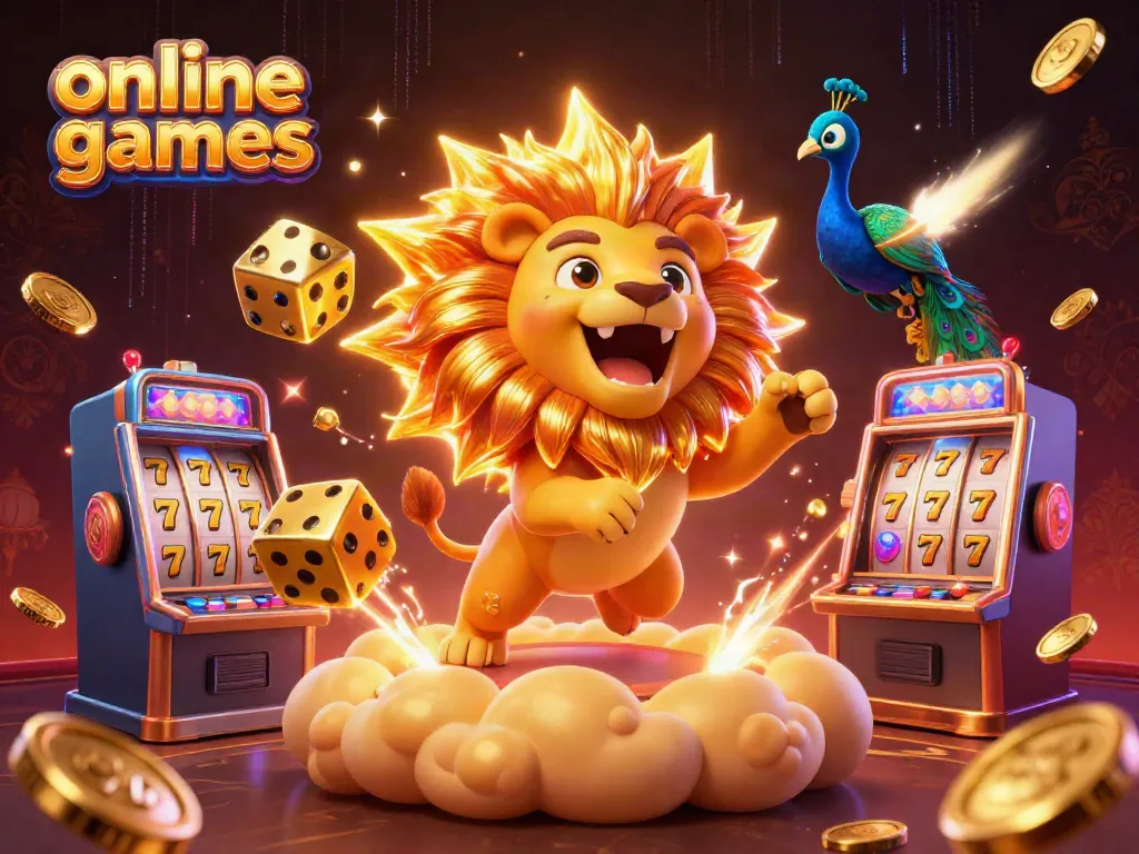 Win big with thrilling online casino games in this vibrant 3D illustration featuring a roaring lion and slot machines.