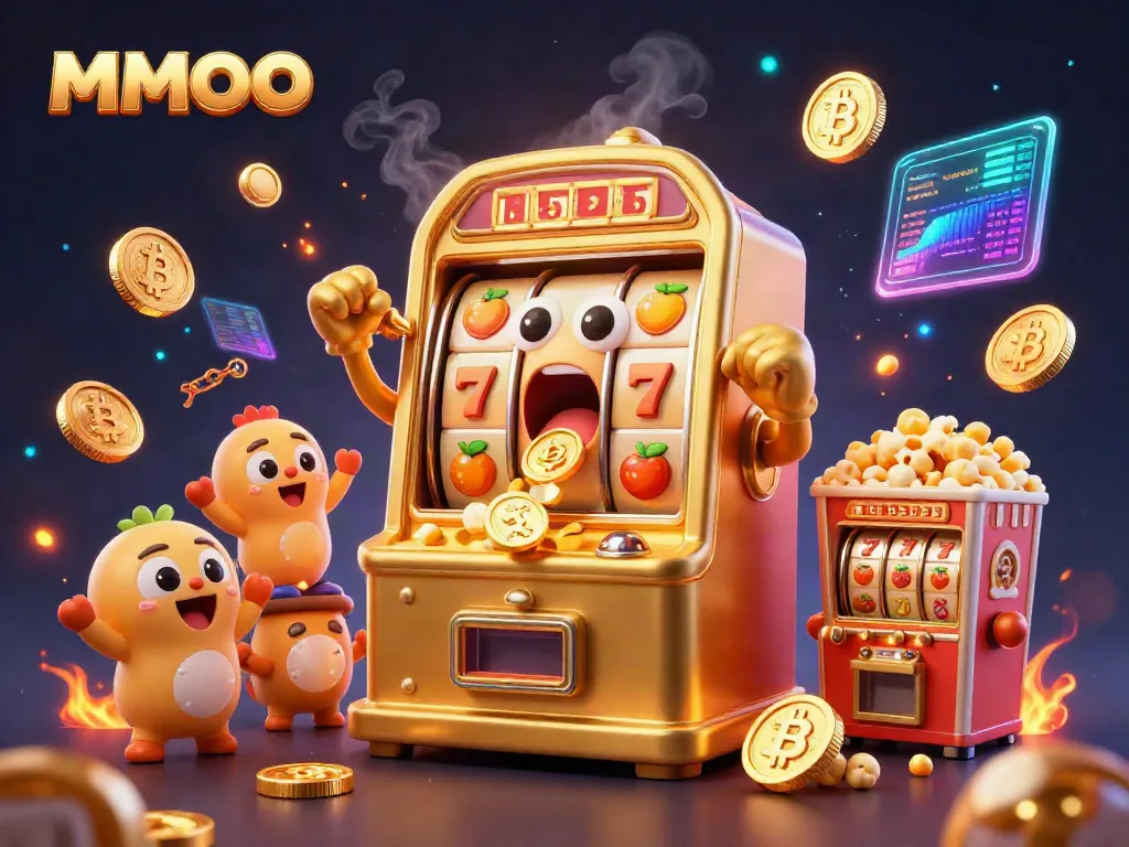 Engaging MMOO scene highlighting a golden slot machine celebrating a jackpot with cheerful companions.