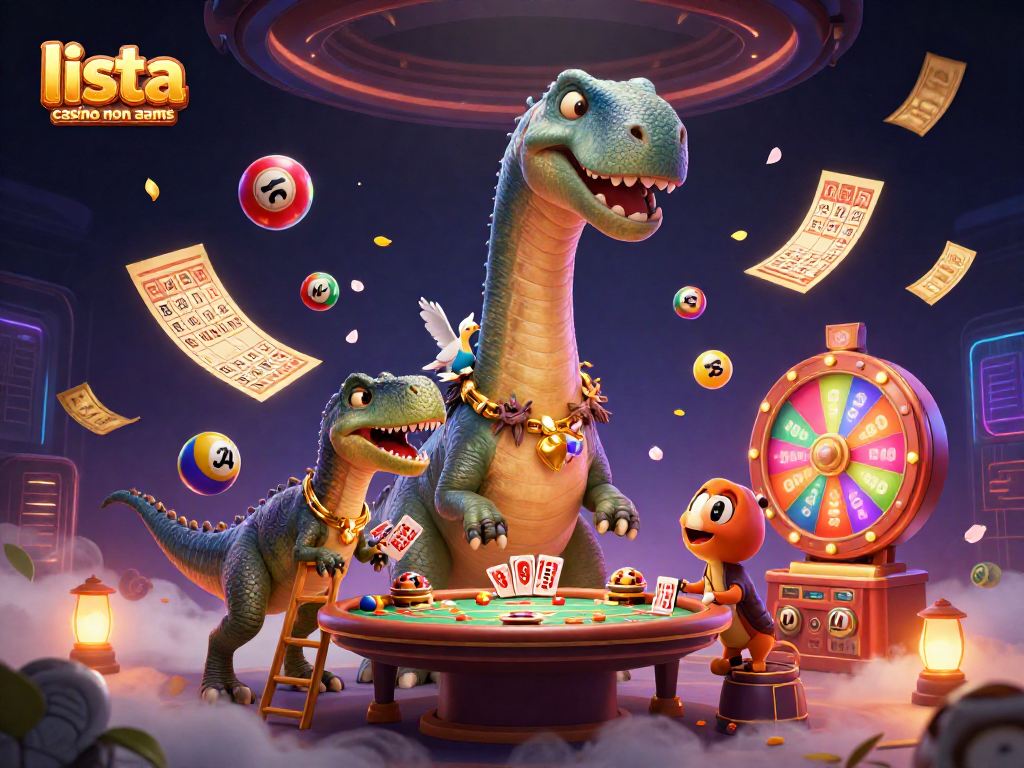 Scopri la lista casino non AAMS con un'illustrazione vivace di un brontosauro nel casinò.