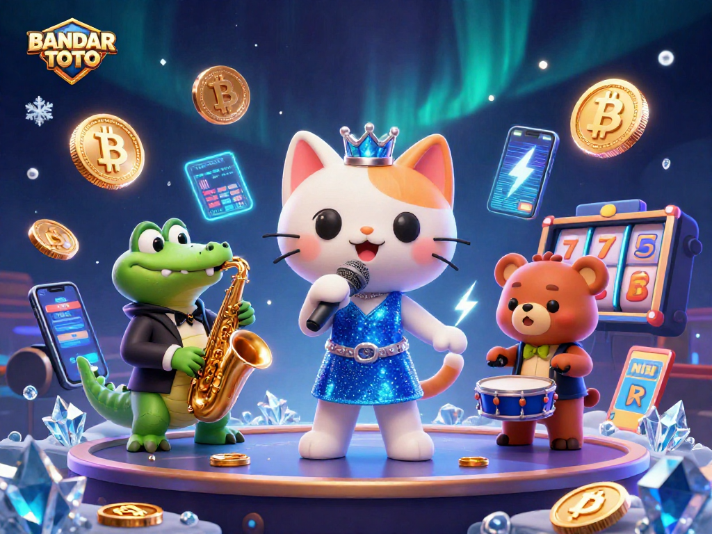 Engage with BANDAR TOTO casino as characters enjoy slot games among vibrant neon elements.