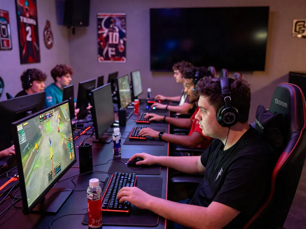 Engaged gamers at https://ku88vt.com/ immersed in an exciting esports match, showcasing vibrant technology and competitive spirit.