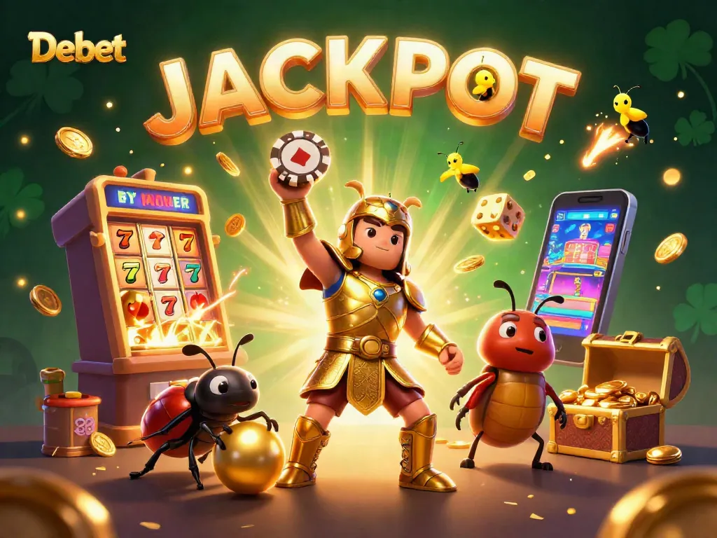 Engage with Debet's thrilling jackpot slot experience featuring vibrant 3D characters in a festive casino scene.