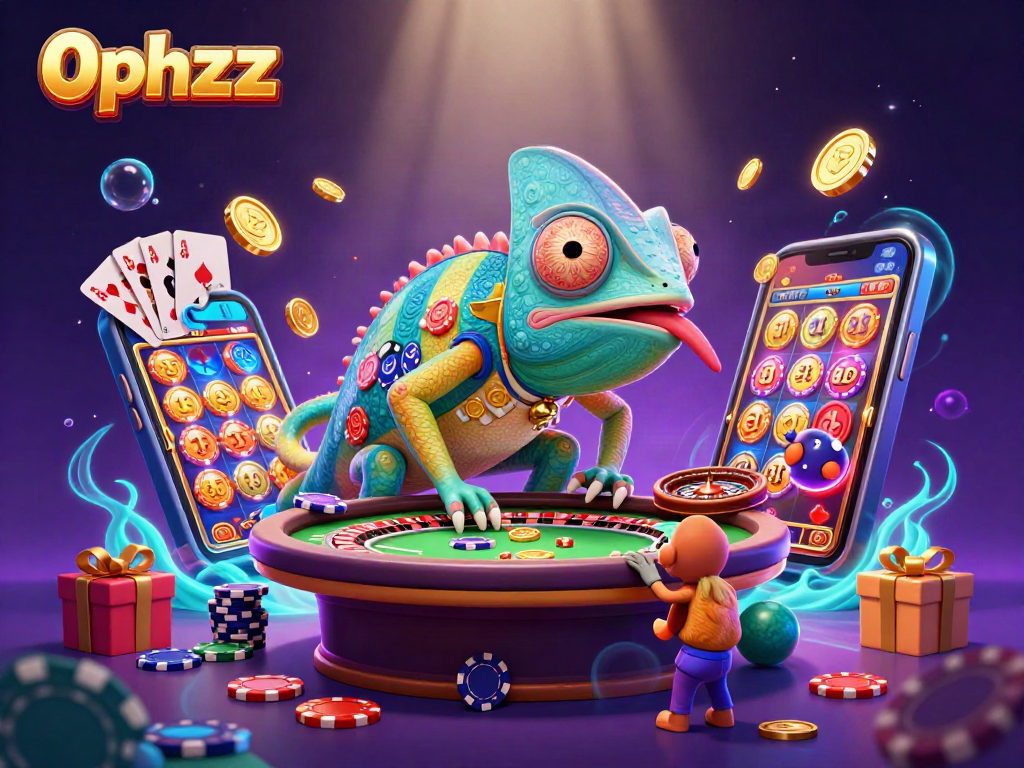 Engage with a vibrant chameleon casino scene showcasing the lively world of 0phzzz.