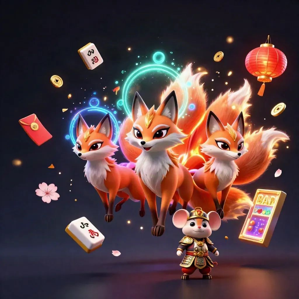 Nine-tailed fox spirit and armored mouse amid lanterns, jade coins, and gold sparks on a dark neon backdrop.