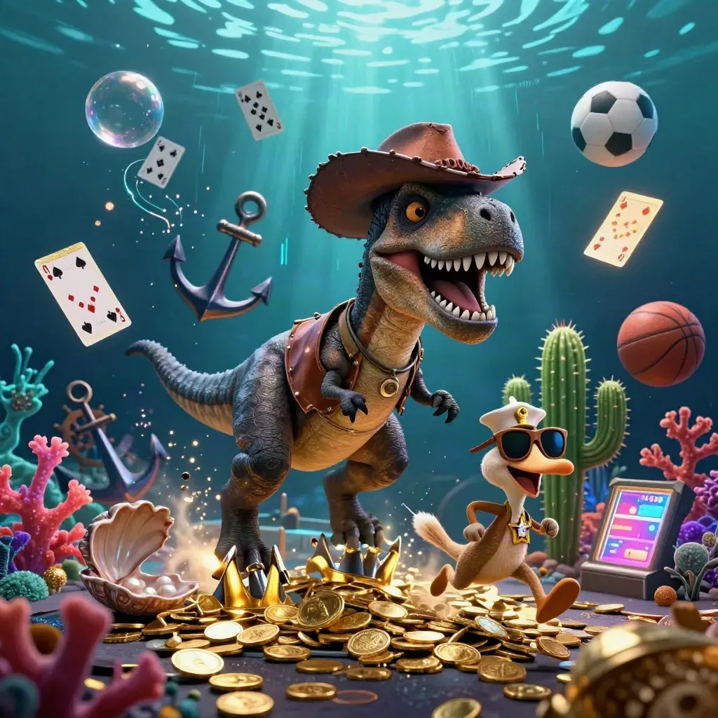 3D cowboy T-Rex, cactus, roadrunner in an underwater casino blast with coins, coral, balls, and neon energy