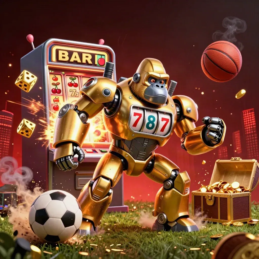 Golden gorilla mech bursts amid sports balls, slot symbols, gold, and red casino light.