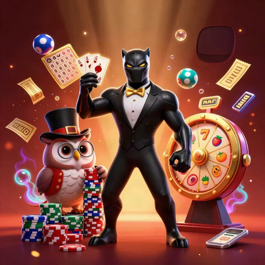 Panther, owl, and mouse amid casino reels, chips, jackpot glow, and flying gold tickets