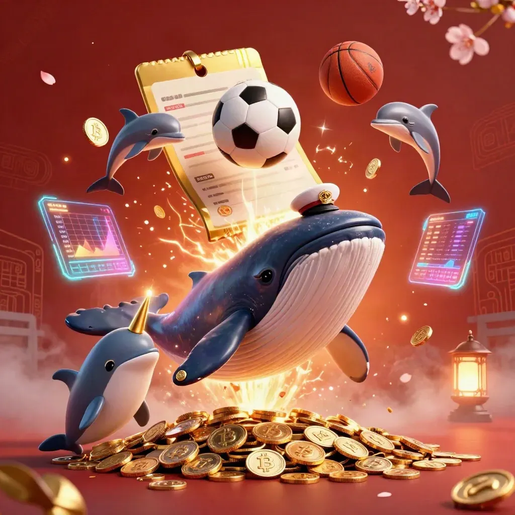 Whale captain, narwhal and dolphins burst through coins with soccer, crypto and neon glow.