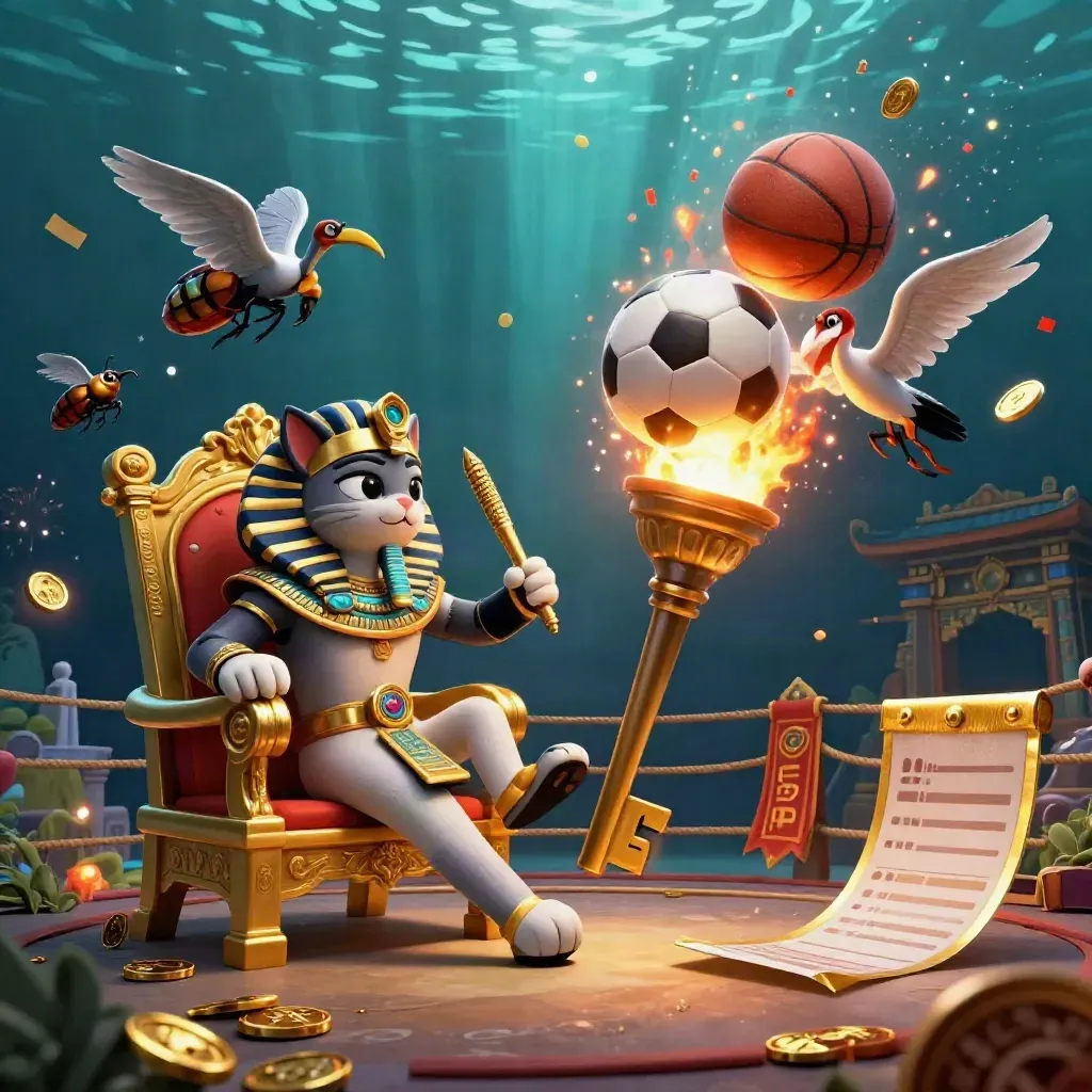 Pharaoh cat, ibis and scarabs swirl around flying soccer and basketball in a gold casino scene.