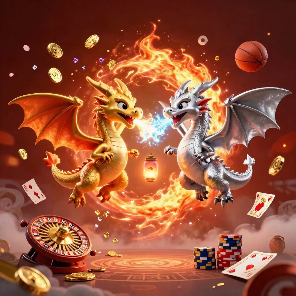 Gold and silver dragons swirl with casino symbols, glowing coins, cards, chips, and sports balls.