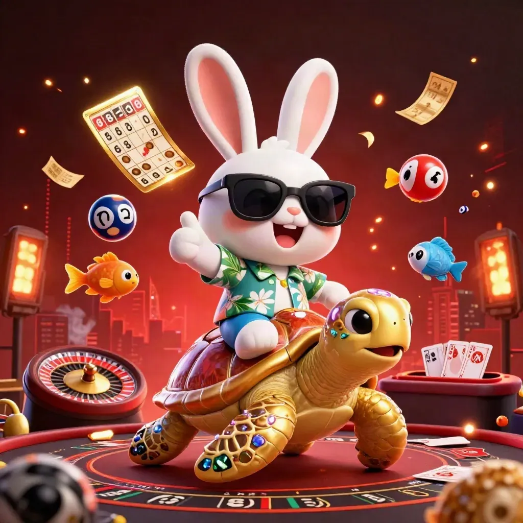 Lucky rabbit rides a golden turtle amid casino elements and red neon glow.