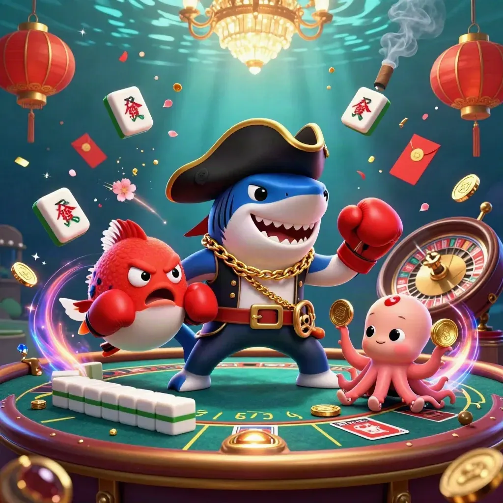 Shark captain, boxing pufferfish, and juggling baby octopus amid casino glow underwater