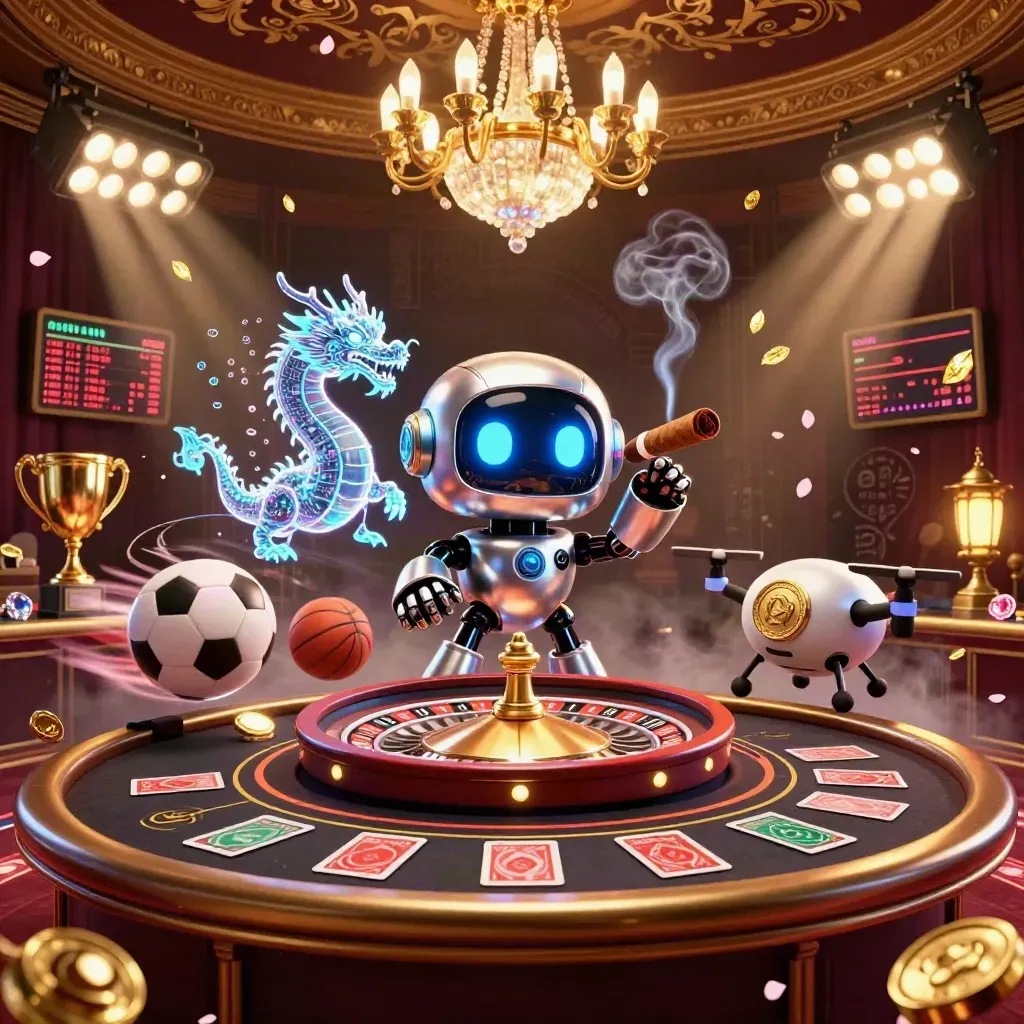 Cyberpunk robot, holographic dragon, and coin drone in a luxe casino room with gold light.