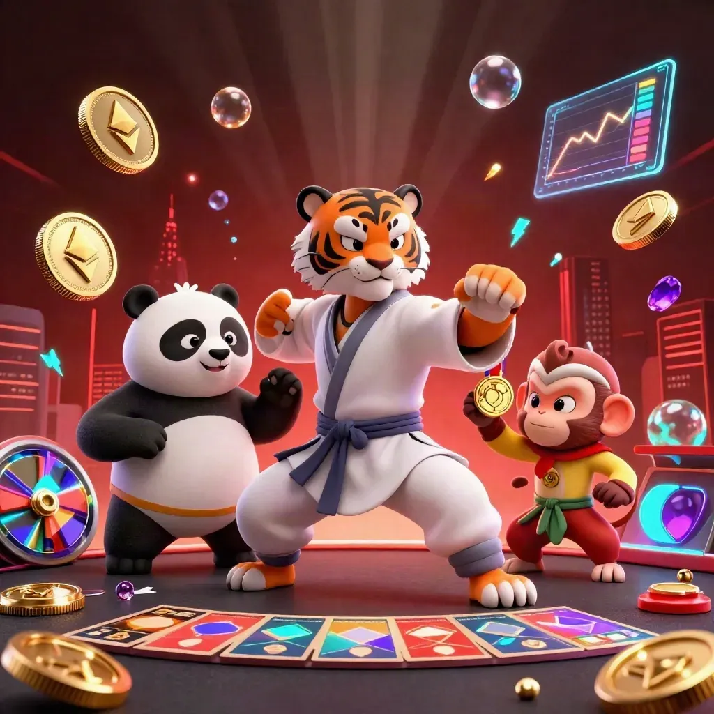 Tiger, panda, and monkey casino heroes amid neon crypto sparks and luxe glow.