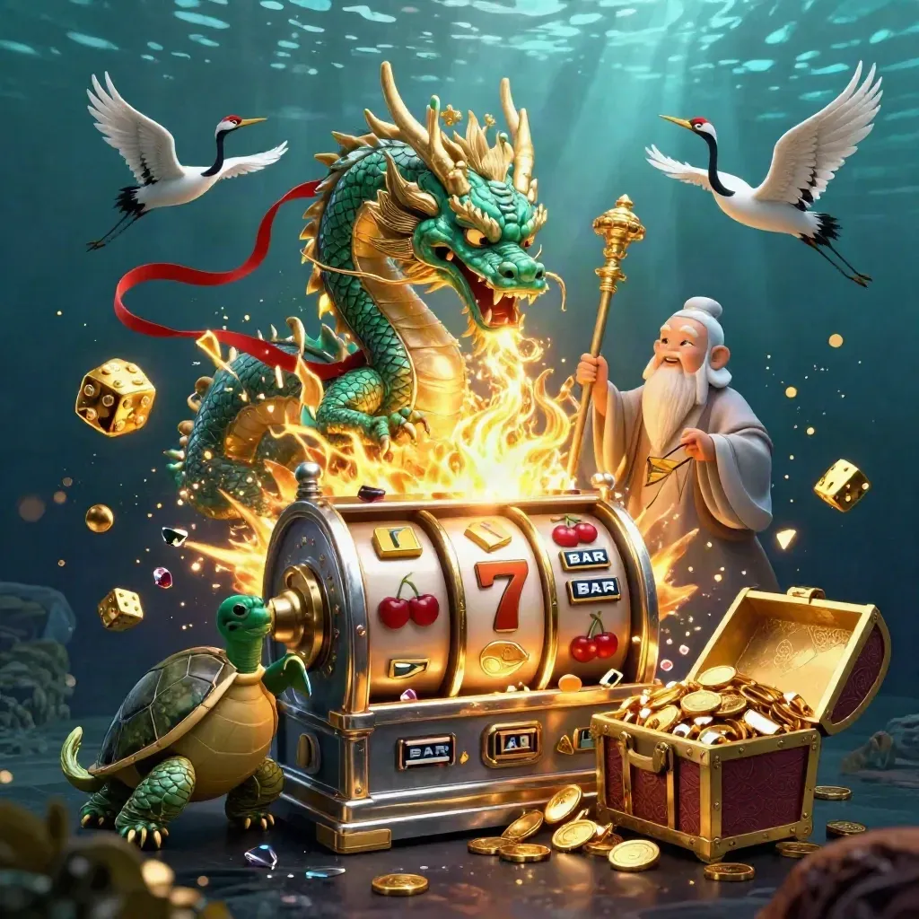 Emerald dragon, turtle sage, and cranes amid gold fire, jackpot shards, and underwater casino glow.
