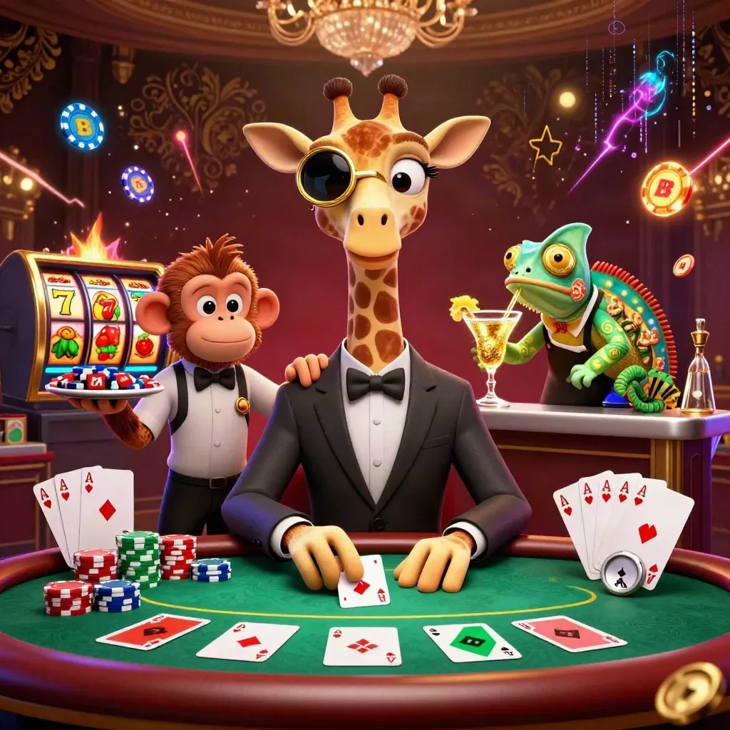 Giraffe, monkey and chameleon at a glowing casino poker table with chips and cards.