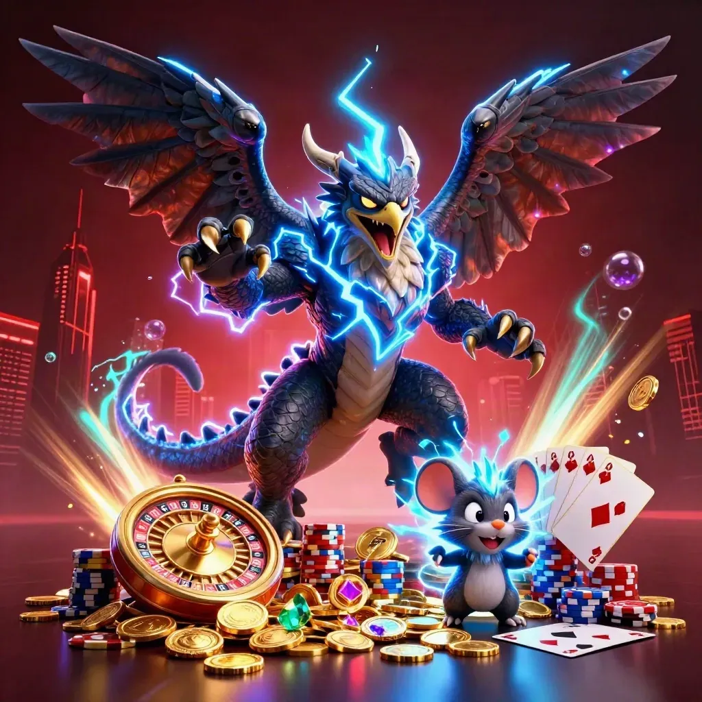Thunder dragon, hawk, and mouse amid casino treasure, lightning, coins, and neon glow