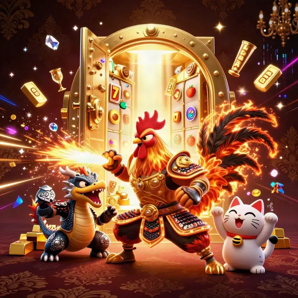 Rooster samurai, spark-breathing dragon hatchling, and fortune cat amid vault gold and neon casino effects
