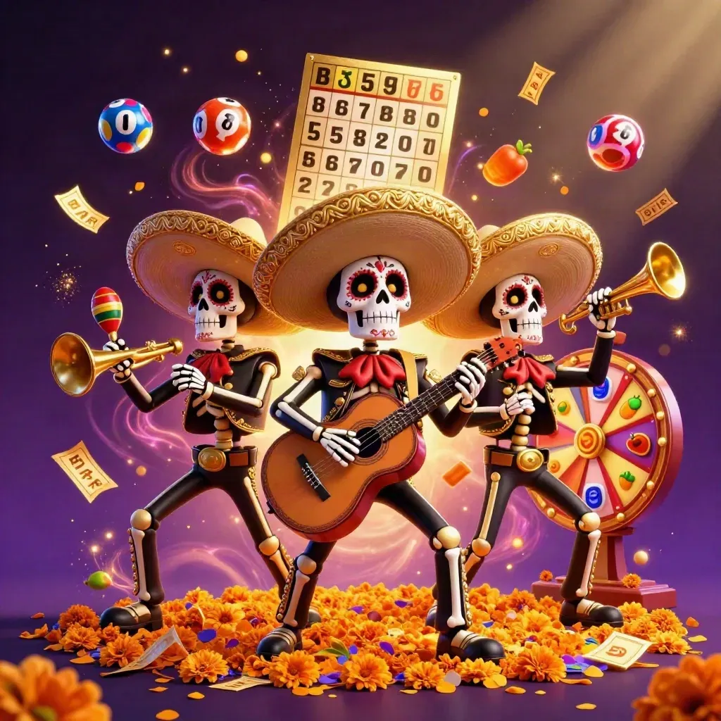 Skeleton mariachi trio amid golden casino bursts, marigolds, and purple magic.