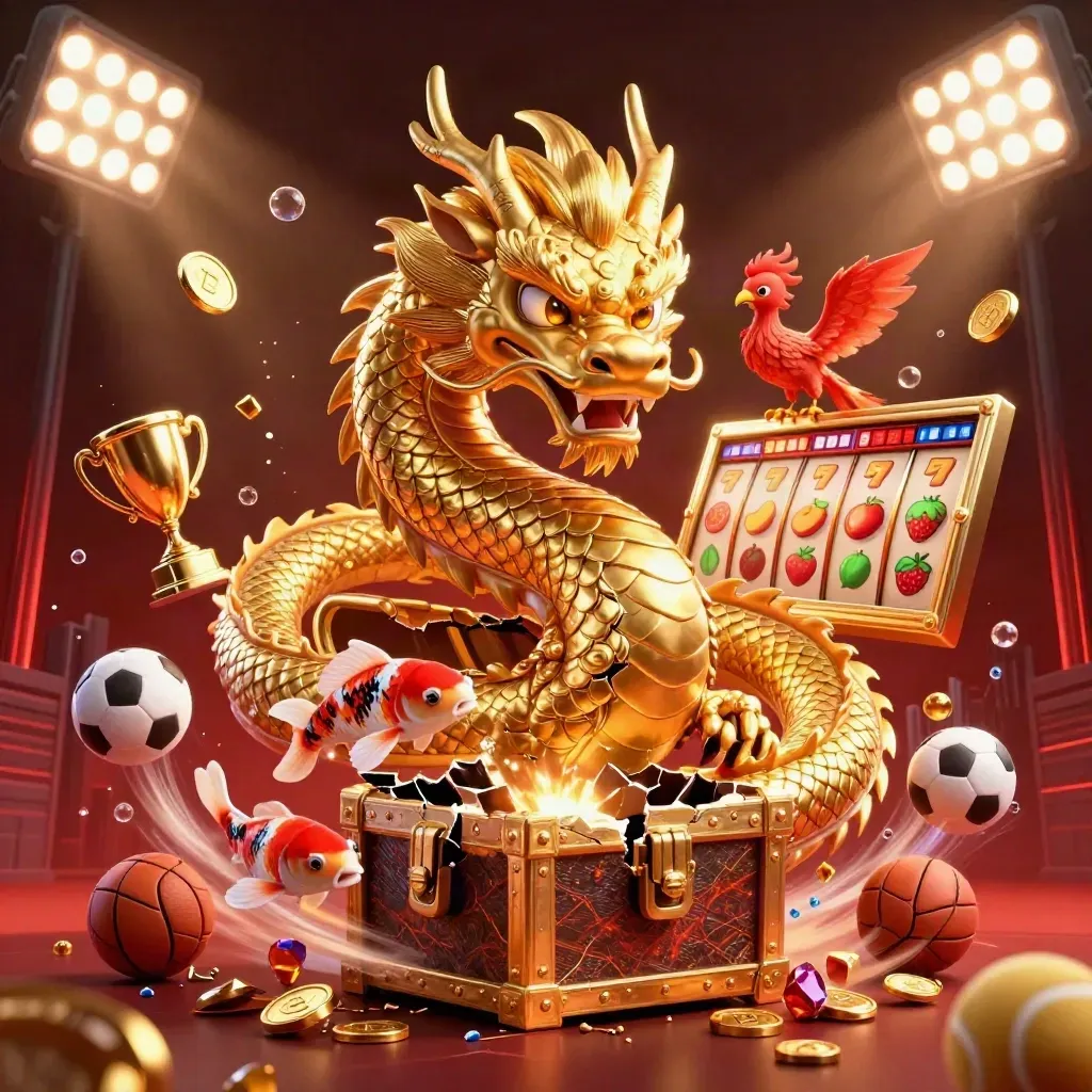 Golden dragon, phoenix, koi, coins, sports balls, and casino treasure burst in a luxe red-black glow.