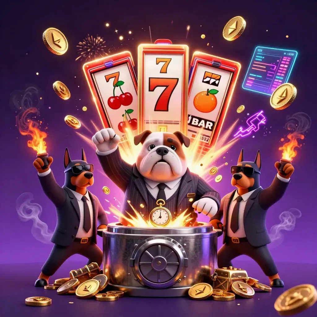 Bulldog boss and Doberman guards amid coins, jackpots, slots, crypto effects in neon casino glow.