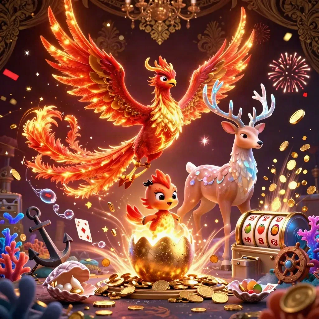 Phoenix, stag, and hatchling amid coin burst, treasure cove, and casino glow.