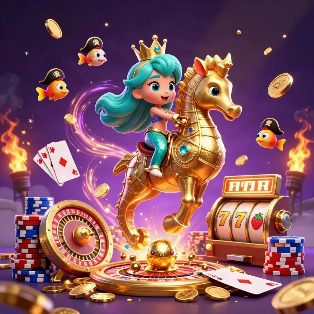 Mermaid princess on a golden seahorse amid casino treasure, coins, cards, chips, and fireworks.