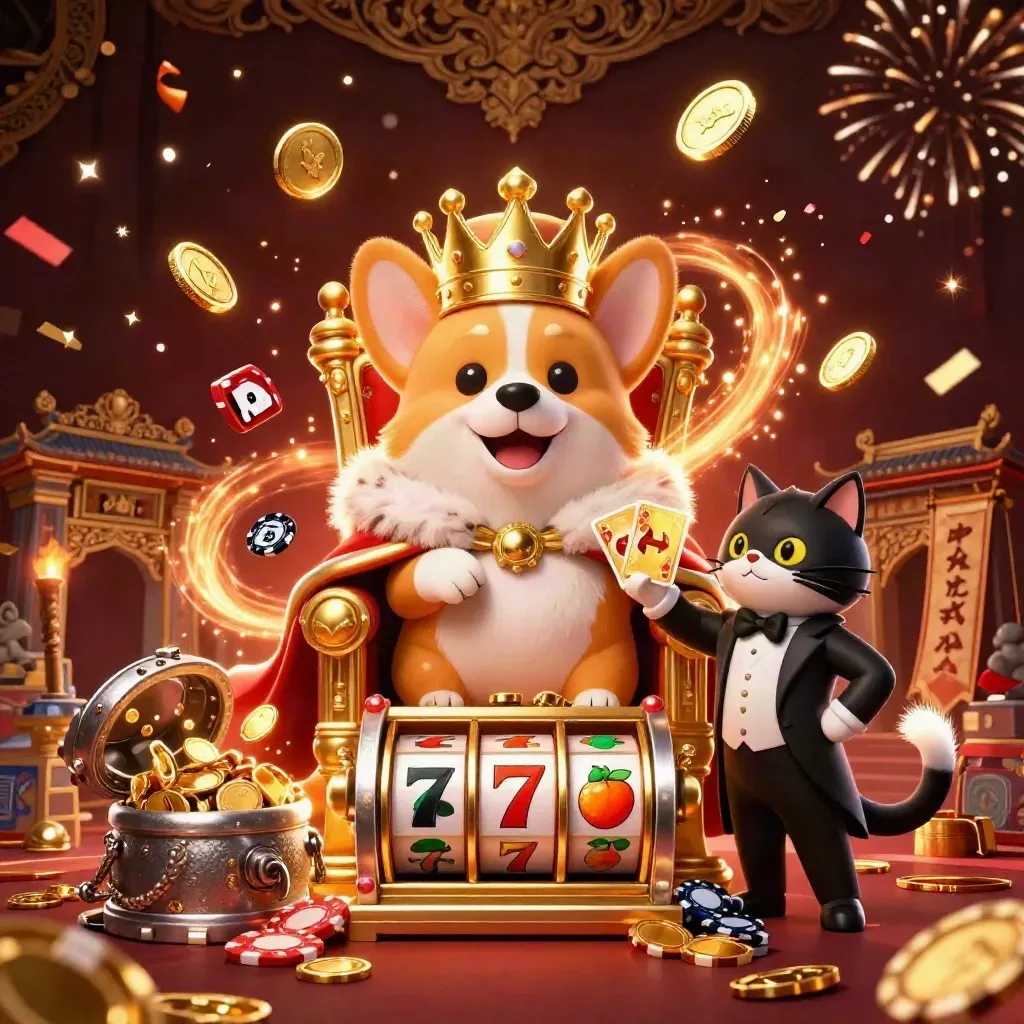 Royal corgi and cat butler amid coins, jackpots, fireworks, and casino symbols.