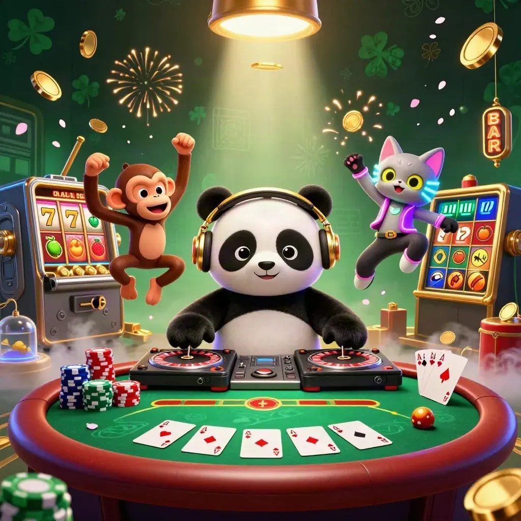 DJ panda, dancing monkey, and rave kitten amid casino treasure, chips, cards, fireworks