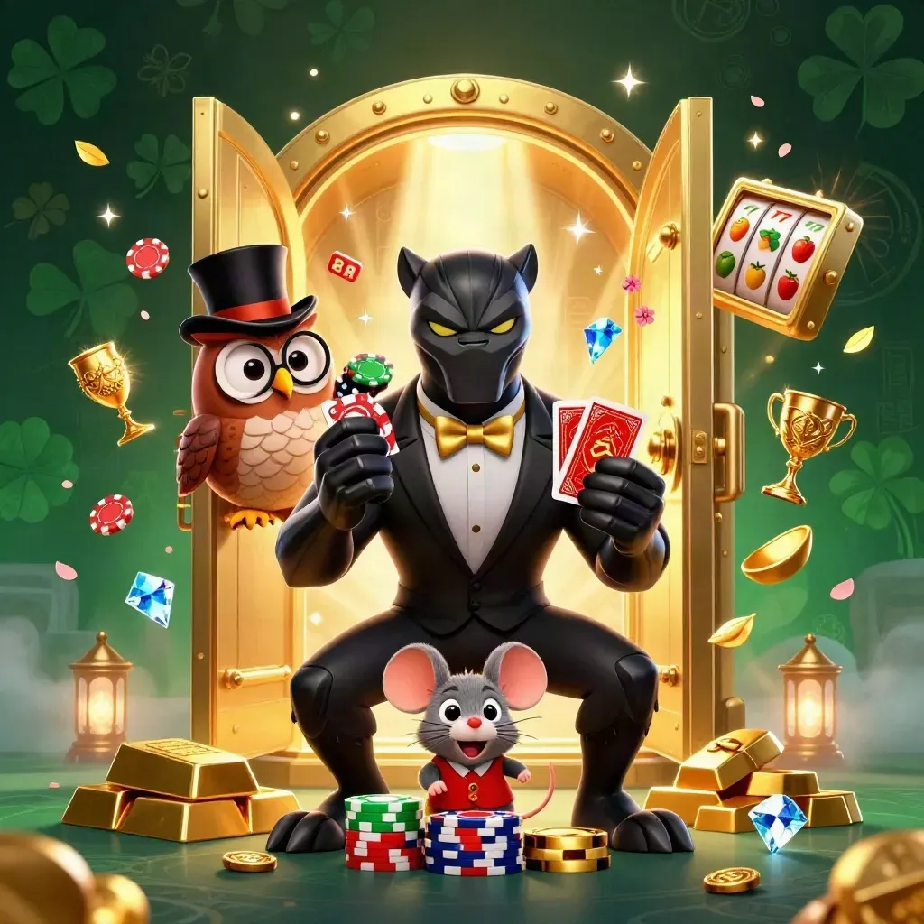 Panther, owl, and mouse amid vault gold, chips, reels, and glowing casino magic.
