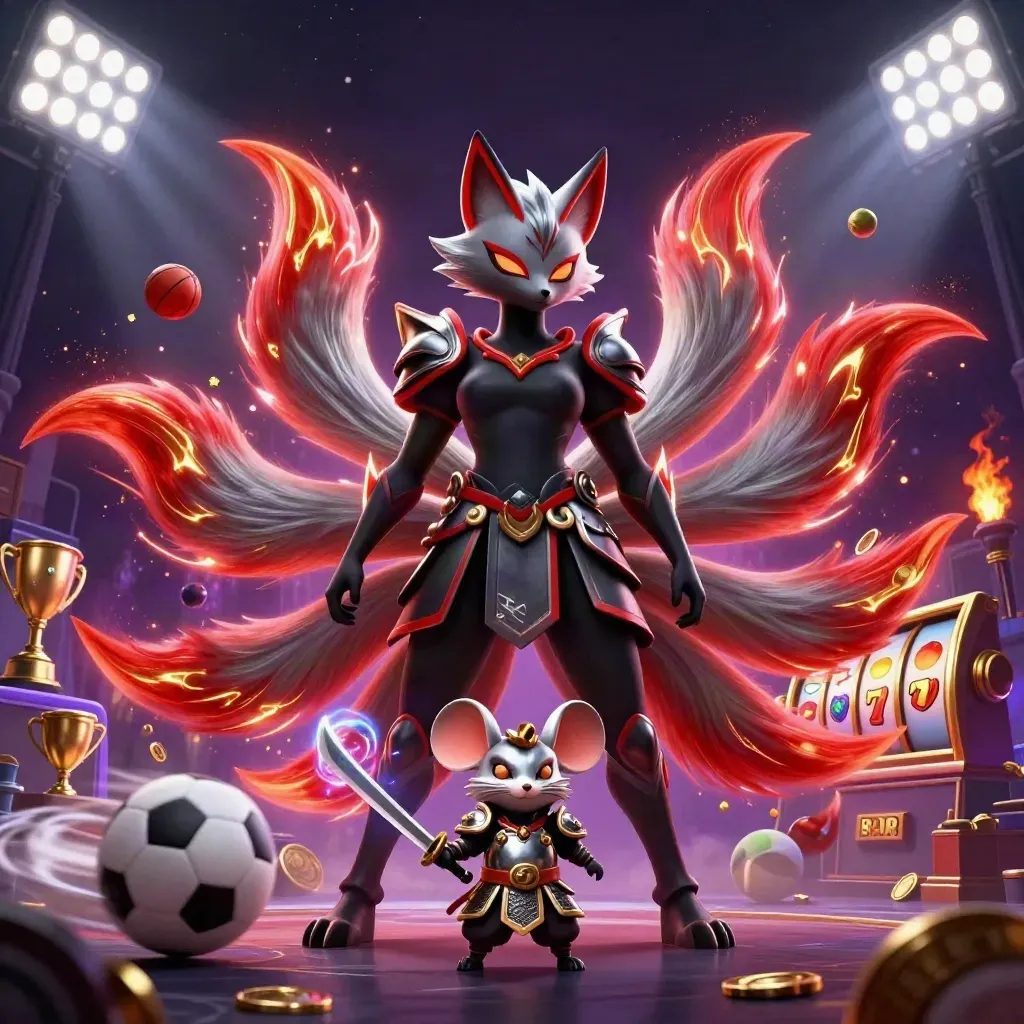 Lunar silver fox spirit and samurai mouse amid casino sparks, balls, coins, and jackpot glow.
