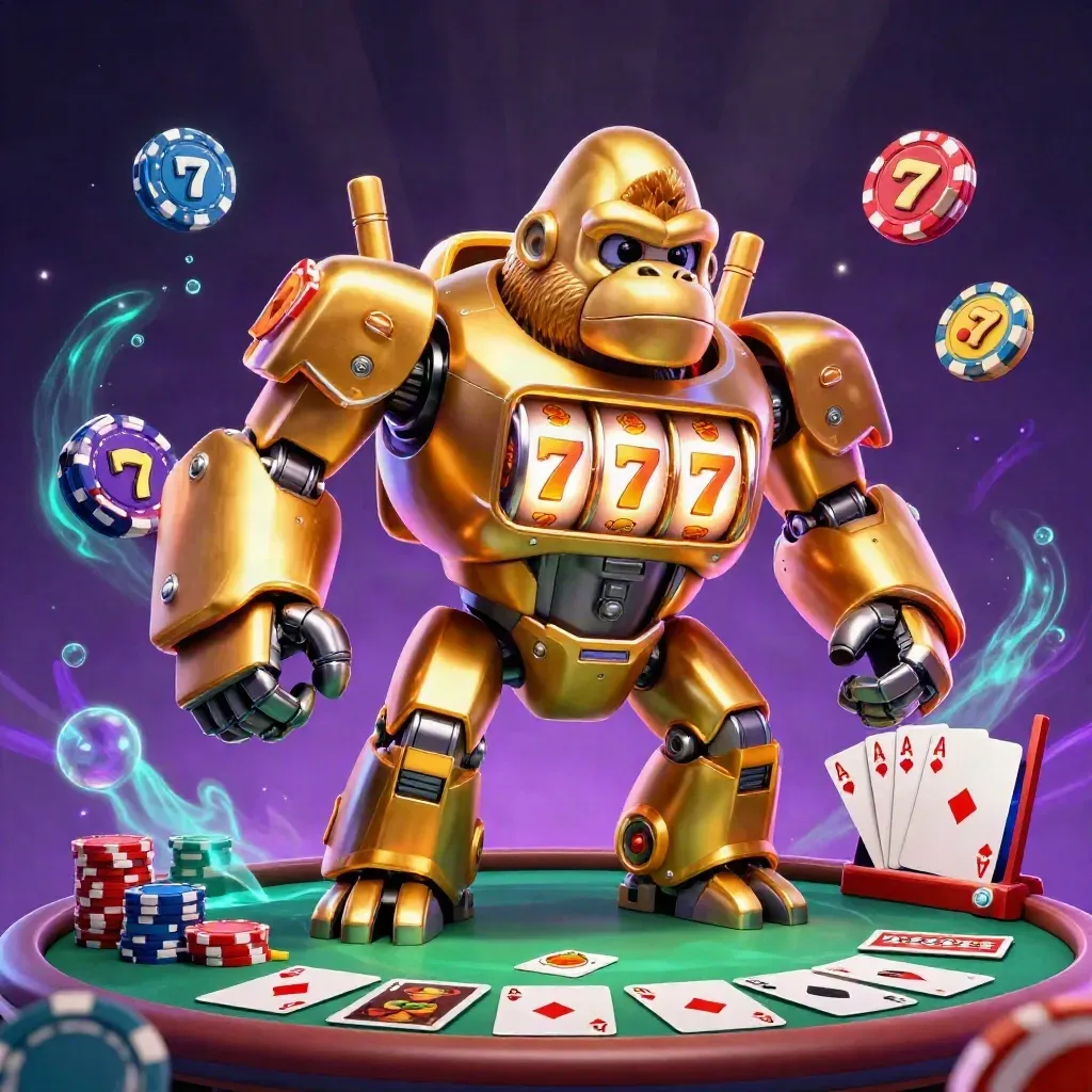 Golden gorilla slot-mech with tiny monkey pilot, reels, chips, cards, and neon casino glow.