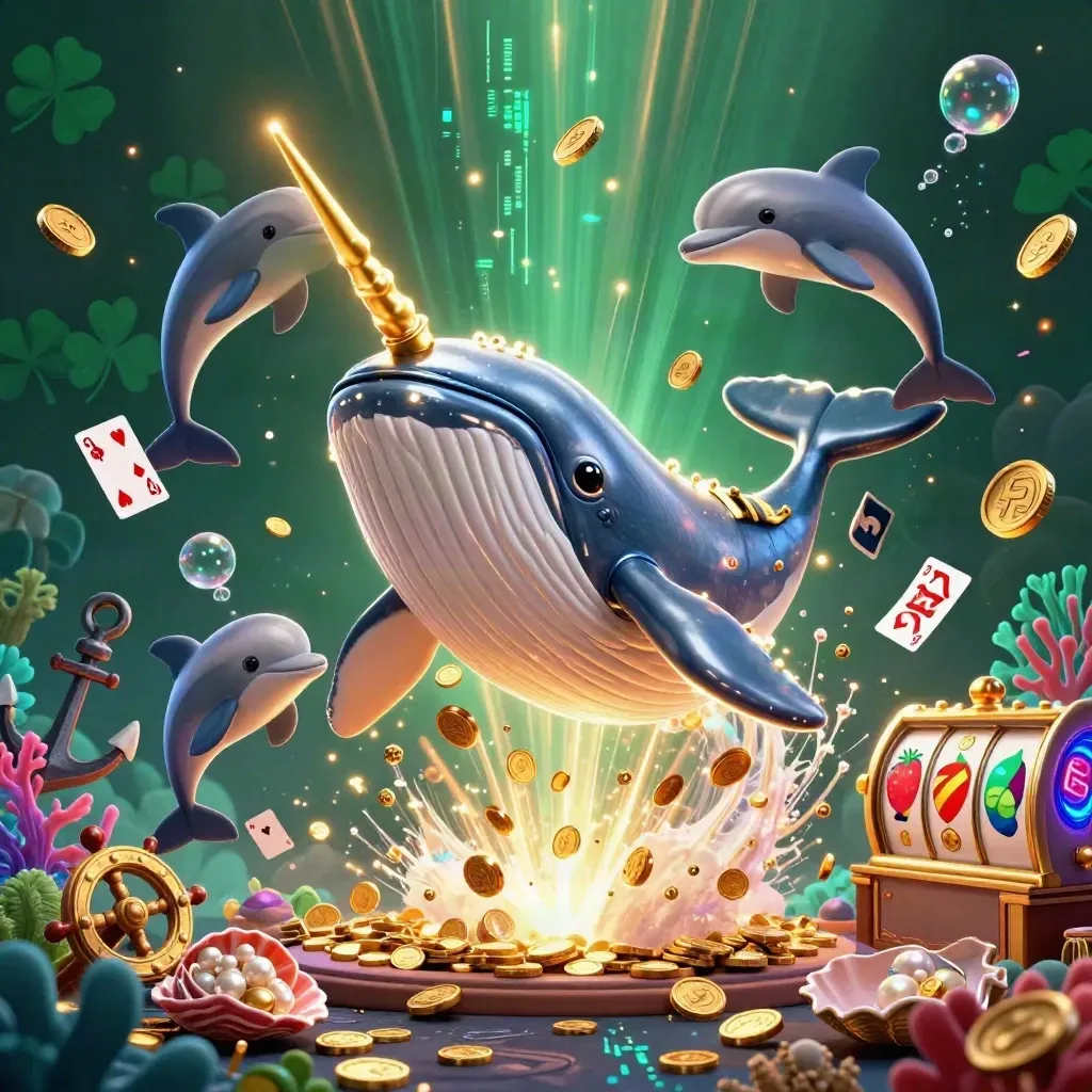 Whale captain, narwhal, and dolphins bursting through coins in a luxe casino ocean.