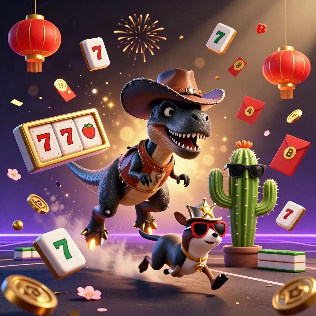 Cowboy T-Rex, cactus sidekick and roadrunner amid slot symbols, lanterns and casino glow.