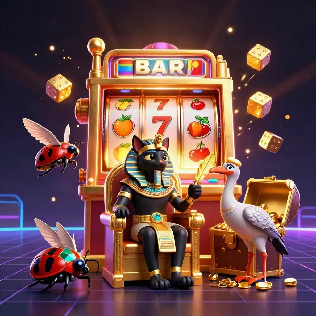 Pharaoh cat, ibis scribe, and scarab beetles burst from a glowing slot machine in neon casino light.