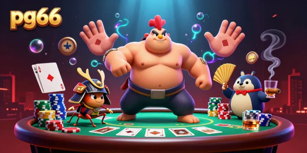 pg66 features a dynamic scene of a powerful sumo rooster, a fierce cricket, and a tanuki in a casino setting with poker elements