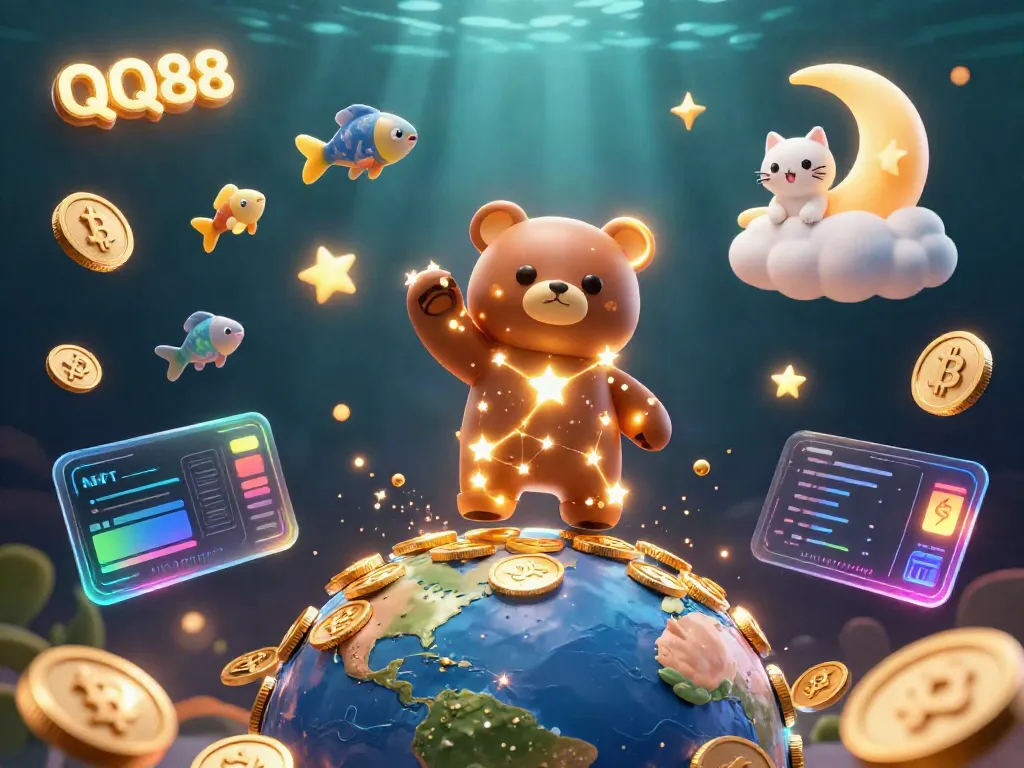 Experience vibrant gaming at QQ88 with a constellation bear and glowing cryptocurrencies.