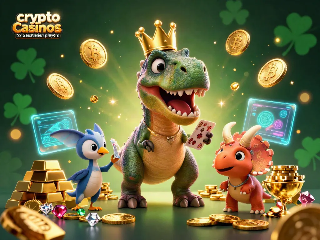 Experience leading crypto casinos for australian players with T-Rex shuffling cards; vibrant atmosphere packed with treasures.