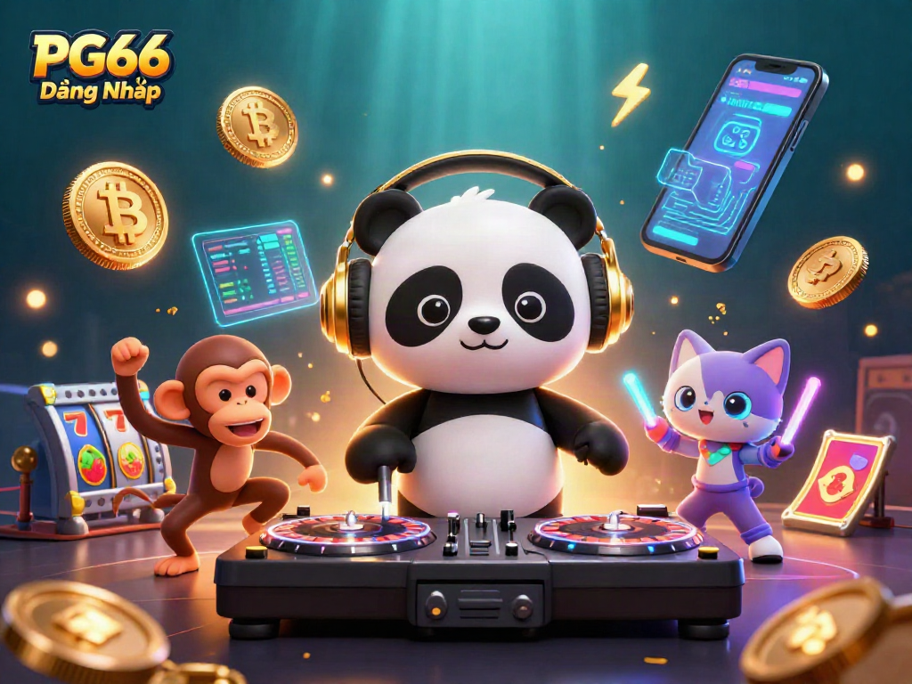 Experience the excitement of PG66 Đăng Nhập featuring a DJ panda, dancing monkey, and rave kitten in a vibrant casino setting.