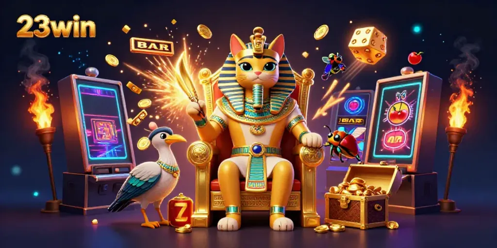 Experience the excitement of 23win with a vibrant casino-themed 3D illustration showcasing a pharaoh cat and dynamic game elements.