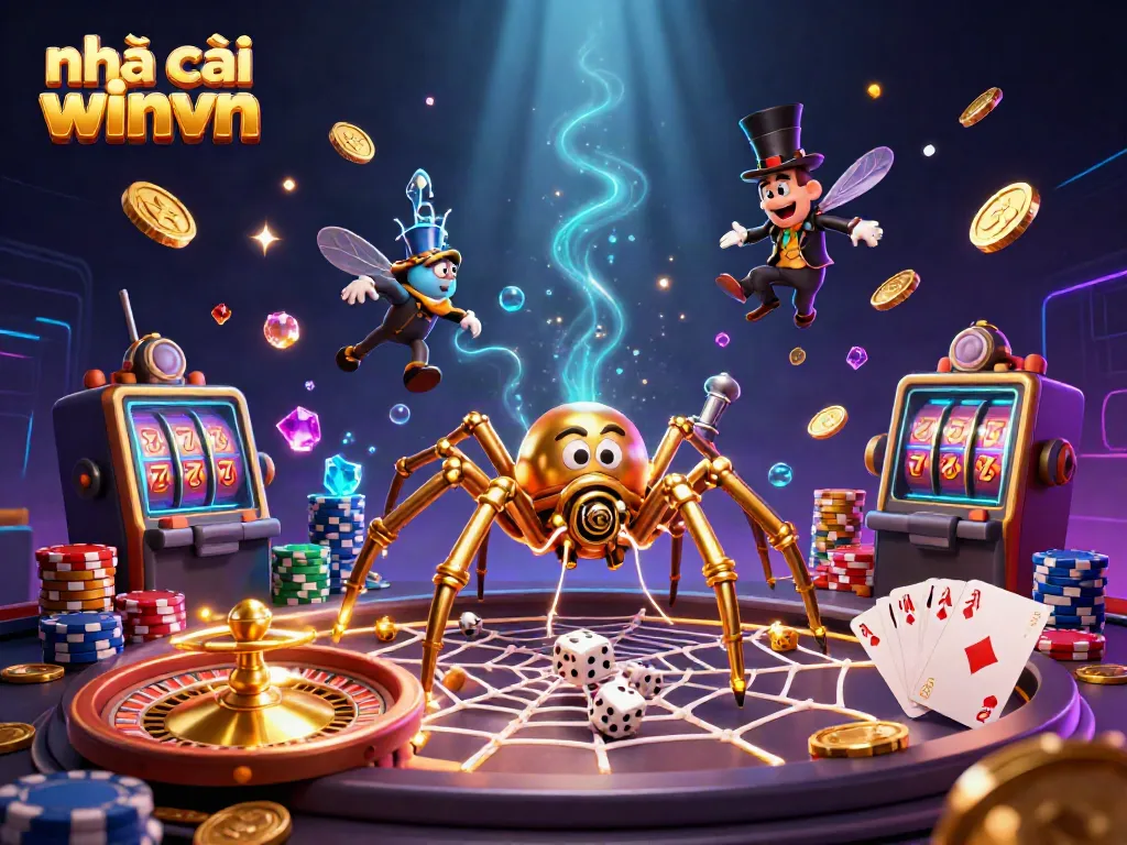 Engage with an exciting illustration of nhà cái winvn featuring vibrant games and a steampunk spider theme.