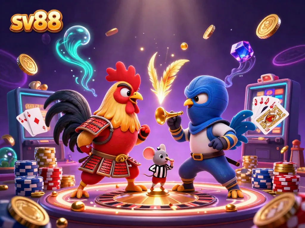 Experience thrilling cockfighting action with sv88 featuring samurai and ninja roosters amidst cascading coins and vibrant casino elements.