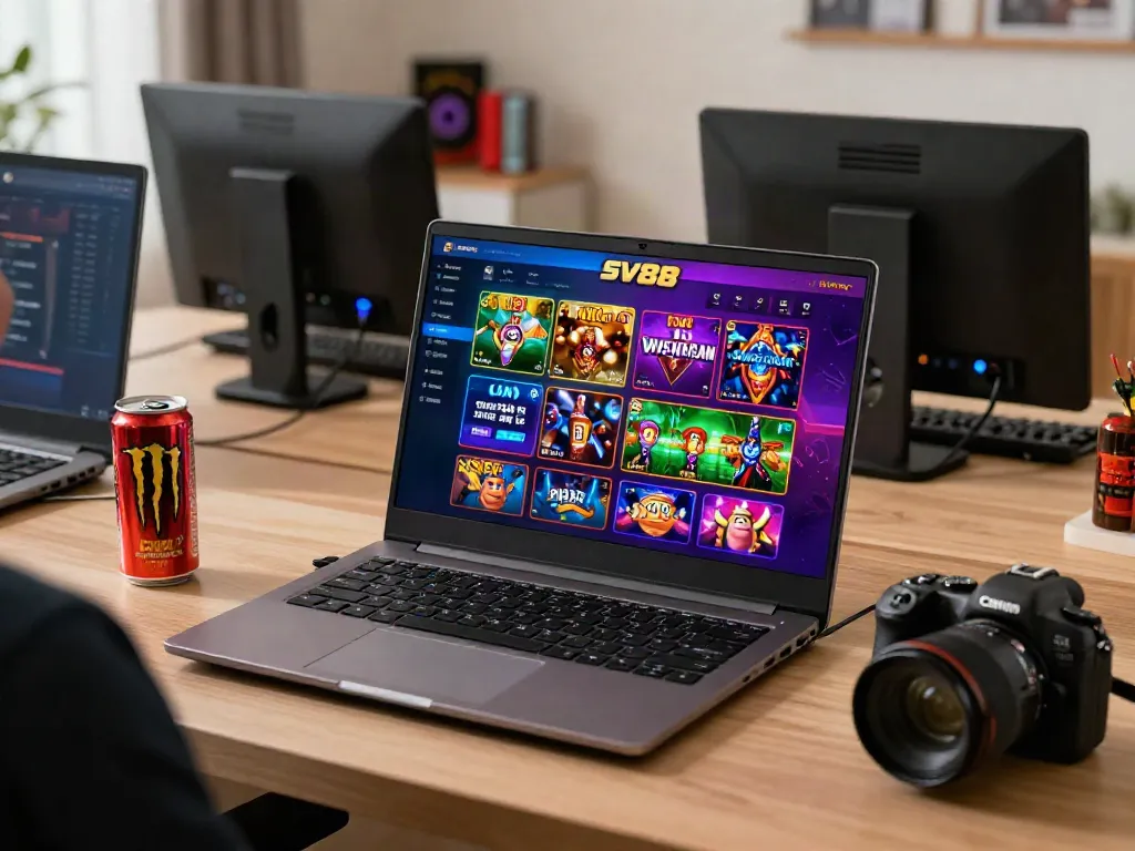Engaging SV88 gaming experience on a laptop in a vibrant home setup.