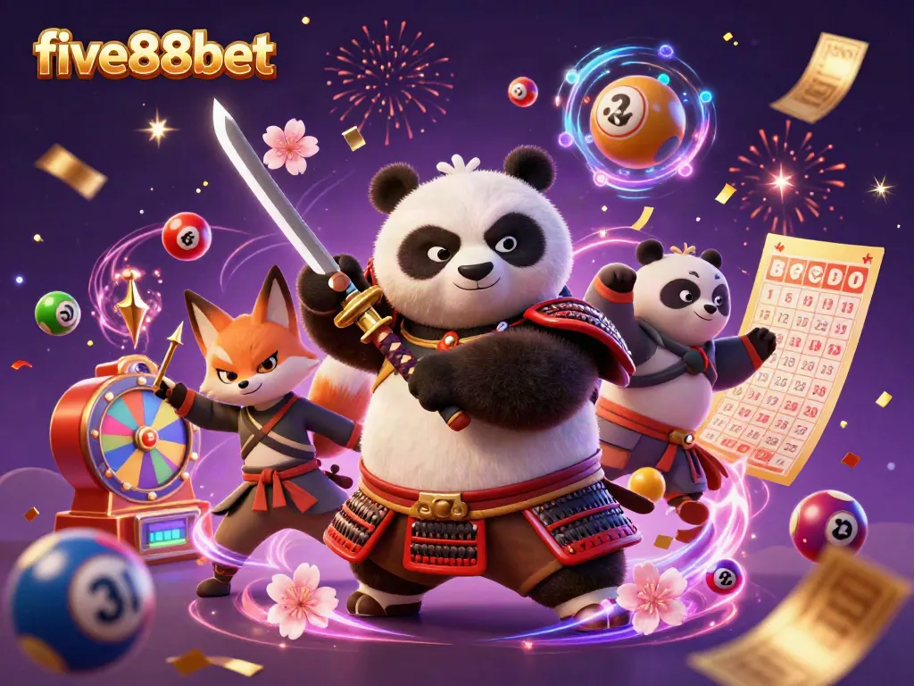 Experience exciting gaming with the fierce samurai panda and ninja fox at five88bet, surrounded by a vibrant casino atmosphere.