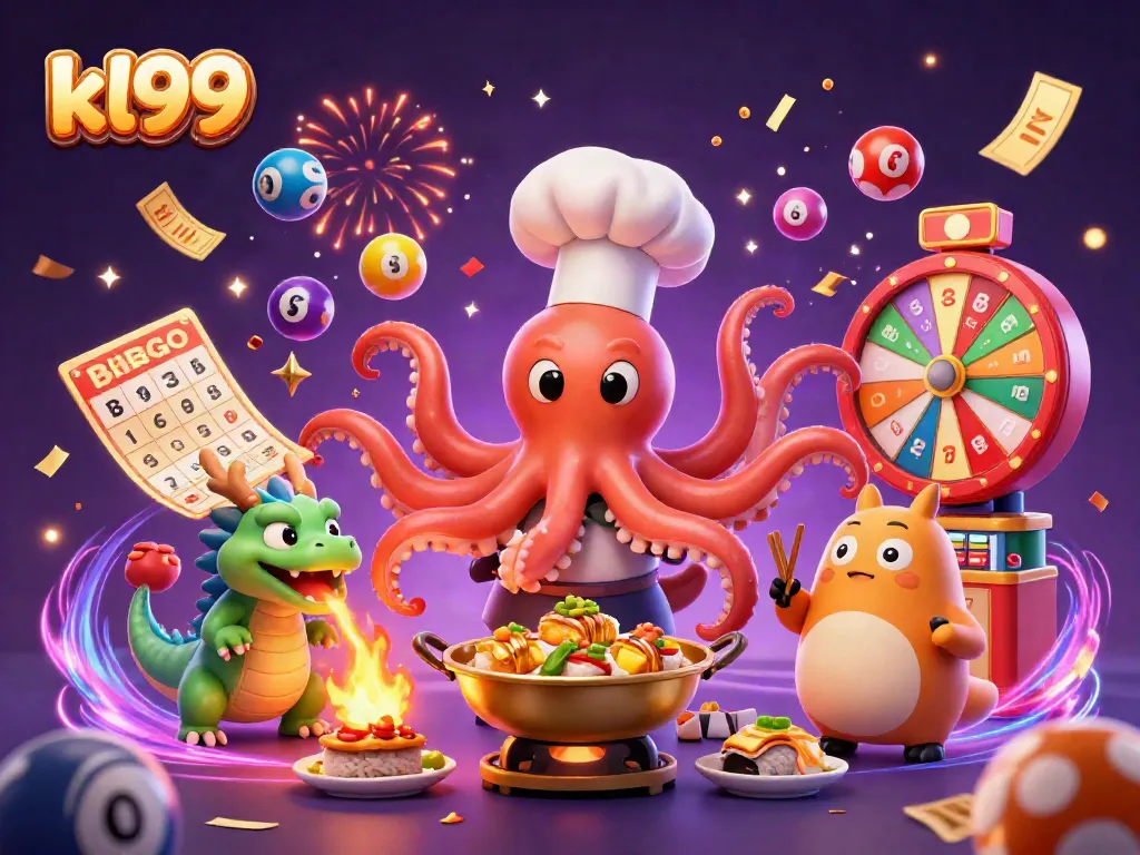 Engage with kl99's vibrant casino world featuring colorful lottery games and dynamic characters.