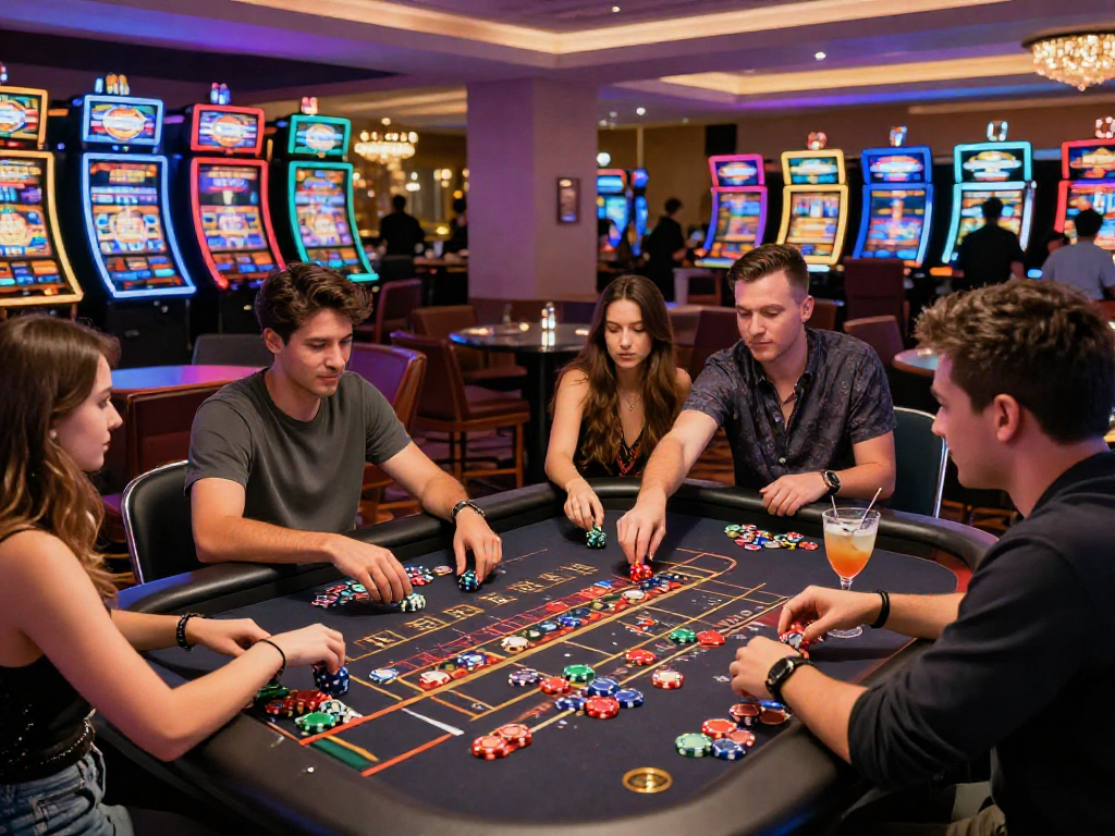 Giocatori entusiasti attorno al tavolo della roulette in un casino moderno, lista casino non aams in evidenza.