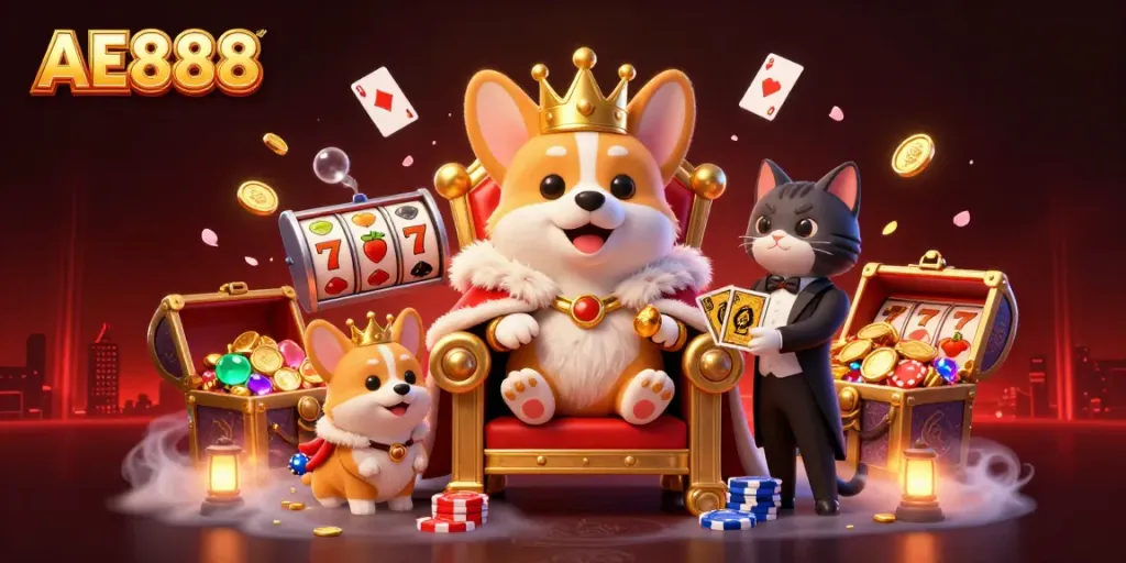 Engage in thrilling casino play with AE888, featuring a royal corgi on a poker chip throne.