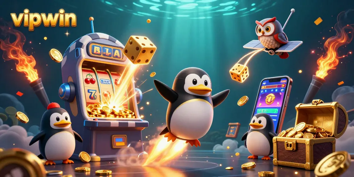Join the excitement at vipwin with a golden penguin flying through a vibrant casino atmosphere.