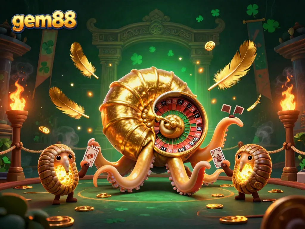 Win big at gem88 with a dazzling 3D casino scene featuring a nautilus roulette wheel and glowing ammonites.